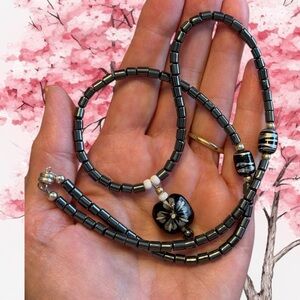 Artisan Elegant Black Hematite Beaded Necklace with Flower NWOT